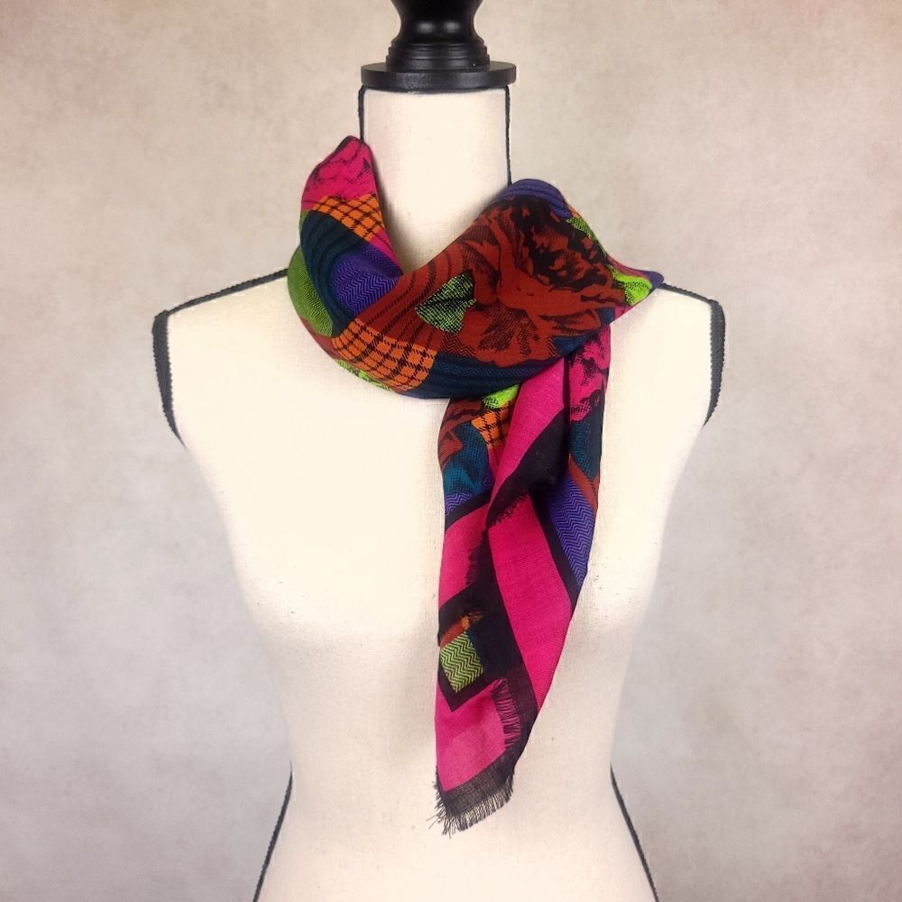 Axcess Wool Scarf Pink Blue Green Floral Colorblock - Picture 3 of 4